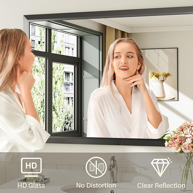 40x30 Inch Black Bathroom Mirror for Wall, Thick Metal Framed Rectangle Mirrors for Over Sink, Bedroom, Living Room, Entryway, Anti-Rust, HD Tempered Glass