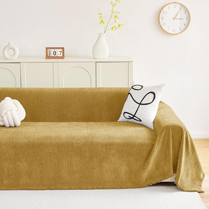 hyha Couch Cover for Dogs, Boho Sofa Covers for 3 Cushion Couch Washable, Chenille Sofa Slipcover for Pets, Soft Loveseat Sectional Couch Throw Blankets with Tassels (Yellow, 88.5x134 Inch)