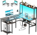 L Shaped Computer Desk with Hutch and Storage Shelves, Gaming Desk with LED Lights, Reversible L-Shaped Desk with Power Outlets, Home Office Desk, Corner Desk, Black Oak