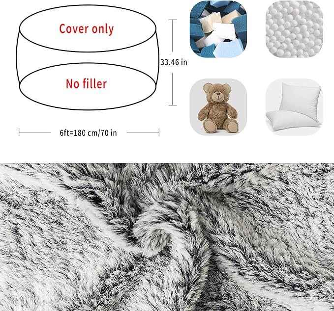 (No Filler) Bean Bag Chair Cover Without Filler,Big Round Soft Fluffy PV Velvet Washable Bean Bag Lazy Sofa Bed Cover for Adults,Living Room Bedroom Furniture Outside,6ft Snow Grey