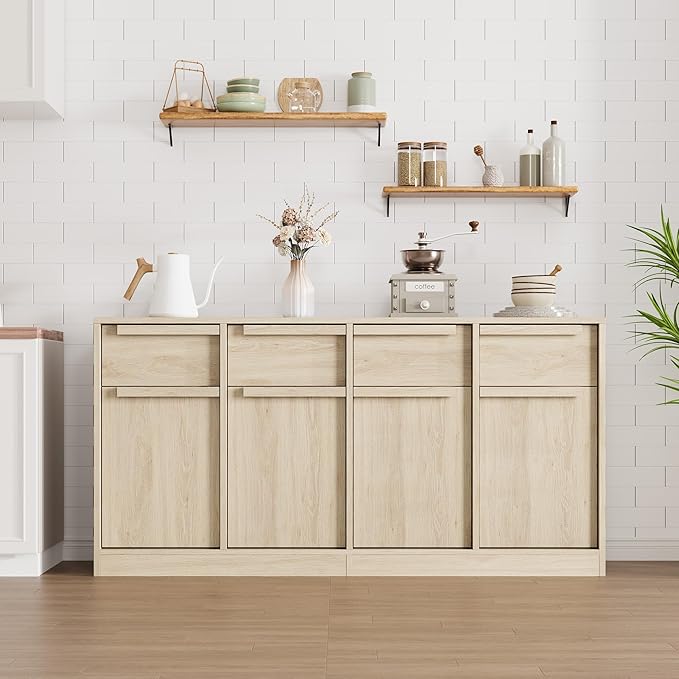 GarveeHome Sideboard Buffet Cabinet with 4 Drawers, 62.4" Large Coffee Cabinet with Storage, Modern Storage Buffet Table for Kitchen Dining Room, Living Room (Pear Wood, 4 Doors & 4 Drawers)