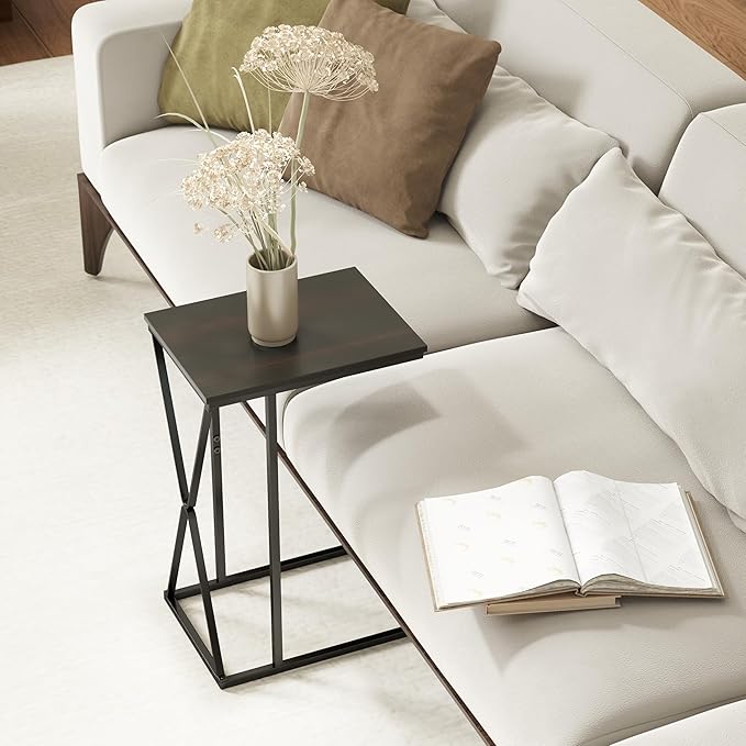 Manora TV Dinner Tray Table, C Shaped End Table for Couch, Slide Under Couch Table for Small Space, Living Room or Bedroom, Black