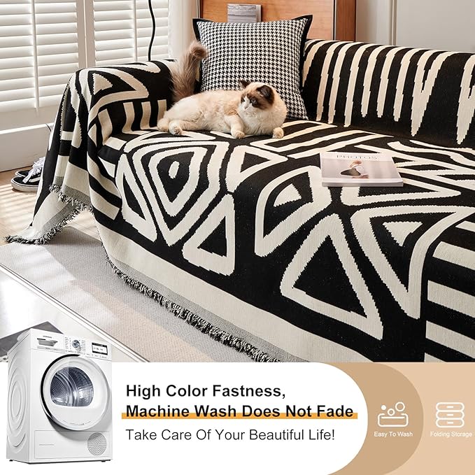 STACYPIK Boho Black Beige Couch Cover Wrinkle Resistant Sofa Cover for Cat Dog Geometric L Shaped Slipcover for Sectional Multi-Use Pet Protector for 2 Cushion Couch Tassels Recliner Cover-71x118IN