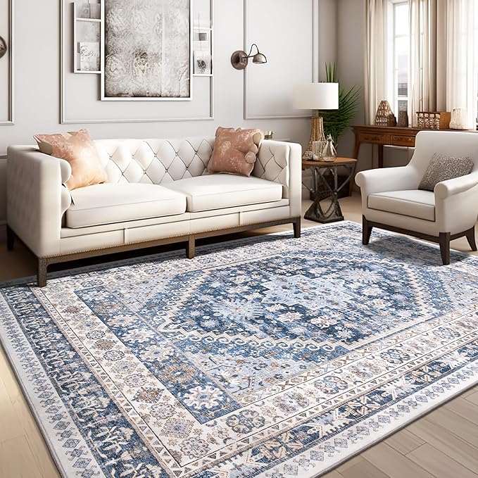 zesthome 5x7 Area Rugs - Ultra-Thin Washble Rug, Stain Resistant Anti Slip Backing Rugs for Living Room,Bedroom, Vintage Home Decor Area Rug (Blue/Beige,5'x7')