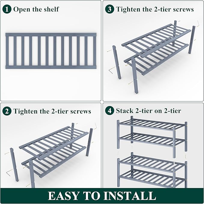 Smiry Shoe Rack, 4 Tier Bamboo Shoe Organizer, Stackable Free Standing Wooden Shoe Storage Shelf for Closet, Entryway, Front Door Entrance, Grey