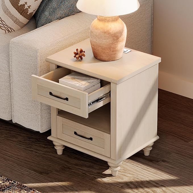 WAMPAT Beige Side Table with Charging Station, Elegant Nightstand for Bedroom with 2 Drawers & Open Shelf, Wooden End Table Bedside Table for Living Room, Kids Room