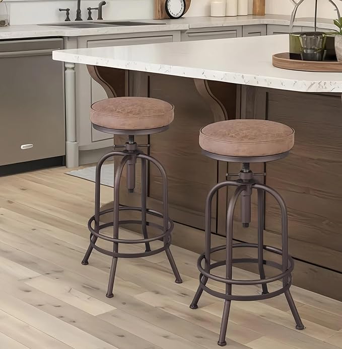 Diwhy Industrial Bar Stool-26-32 Inch Adjustable Swivel Metal PU Leather Seat Stool Bar Height Bar Stool with Footrest-for Kitchen, Dining Side Chair, Pub, Bistro, Set of 2, Copper