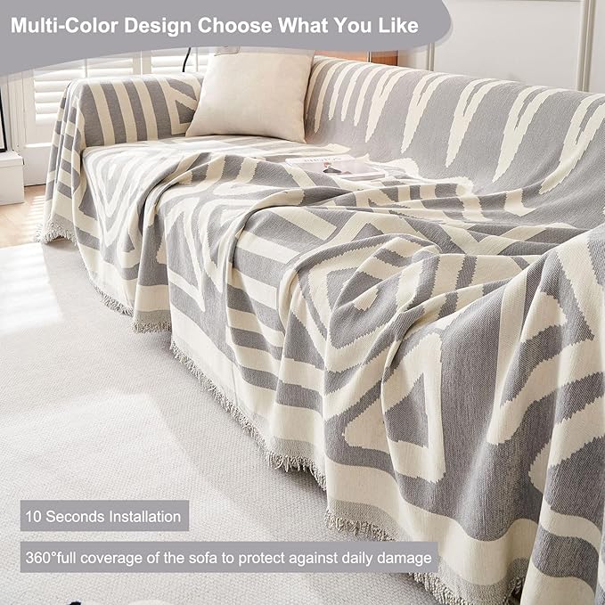 STACYPIK Dark Gray Couch Cover, Boho Chenille Sofa Covers Pet-Friendly, Reversible Non Slip Furniture Protector for 3 Cushion Couch, Modern Triangle Couch Cover for Loveseat,Multi-Use Blanket-71X134IN