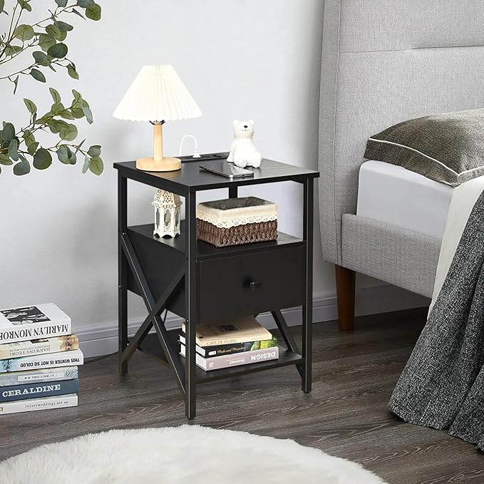 End Table with Wireless Charging Station, Black Side Tables Living Room with Outlet, End Table with Wood Drawer, Night Stand with Storage for Bedroom, Bedside Tables