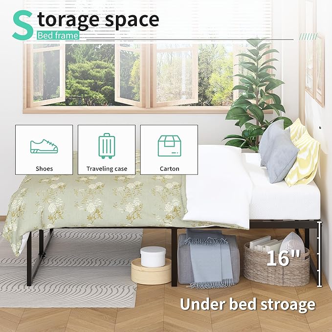 18 Inch Full Bed Frame No Box Spring Needed, Heavy Duty Metal Platform Beds with Sturdy Steal Slats for Mattress Foundation, Easy Assembly, Noise Free, Black
