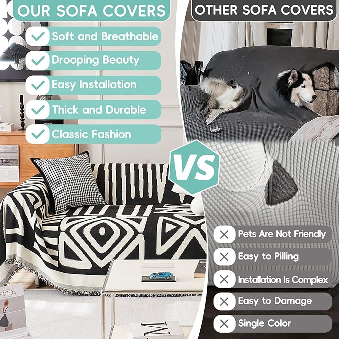 STACYPIK Reversible Boho Couch Cover Ivory Black Futon Armchair Slipcovecrs Anti-Slip Sofa Cover for Dogs Cats Geometric Triangle Couch Cover Versatile Furniture Protector for 2 Cushion Couch-71X102IN