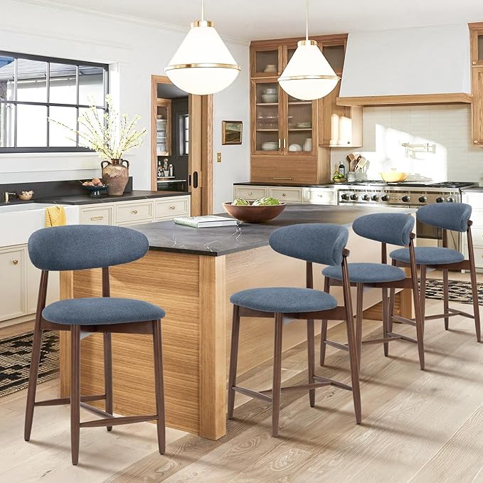 COLAMY Mid Century Modern Bar Stools Set of 4, Counter Height, Blue Fabric Upholstered Wooden Barstools with Back, 25 Inch