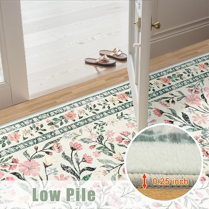 Area Rugs 9x12 Living Room: Floral Washable Rug Vintage Large Soft Boho Non-Slip Carpet Indoor Stain Resistant Low Pile Carpets for Bedroom Dining Room Farmhouse Nursery Home Office Green Beige