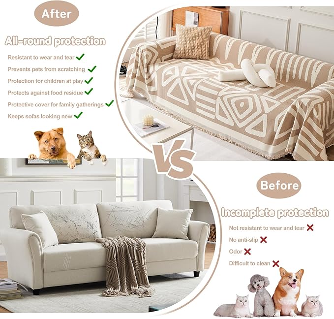 HANDONTIME Sofa Covers for Sectional Sofa Set Boho Couch Cover for Dogs Khaki Throw Couch Cover with Tassel Loveseat Covers Futon Cover L Shaped Cover Washable Chenille Couch Protector, 91" X134"