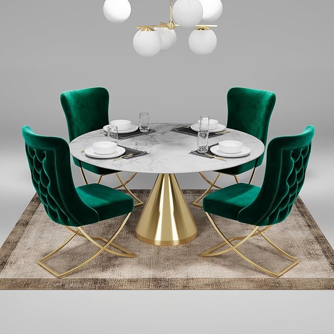 Ottomanson Royal Dining Chairs Set of 8 – Upholstered Tufted Microfiber, Assembled, Gold Metal Legs, Beech Wood Frame, 350 lb Capacity, Green