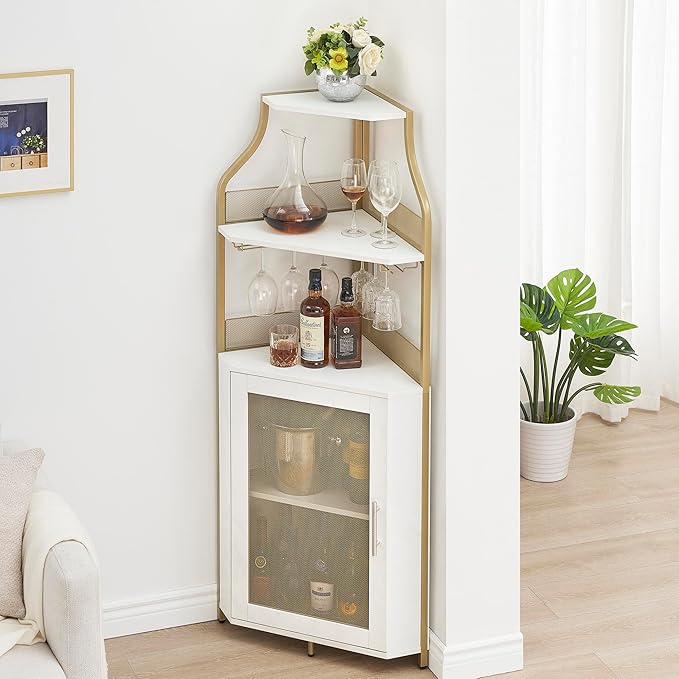 GAOMON Corner Bar Cabinet with Glass Holder, Industrial Wine Cabinet with Adjustble Shelf, 5-Tiers Liquor Cabinet Bar Cabinet for Home, Corner Display Cabinet for Small Space, Faux Marble