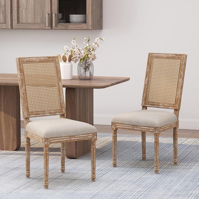 Merax Upholstered Solid Wood Dining Chairs Set of 2, French Country Style Accent Side Seating Furniture for Kitchen, Living Room, Wicker Back, Beige