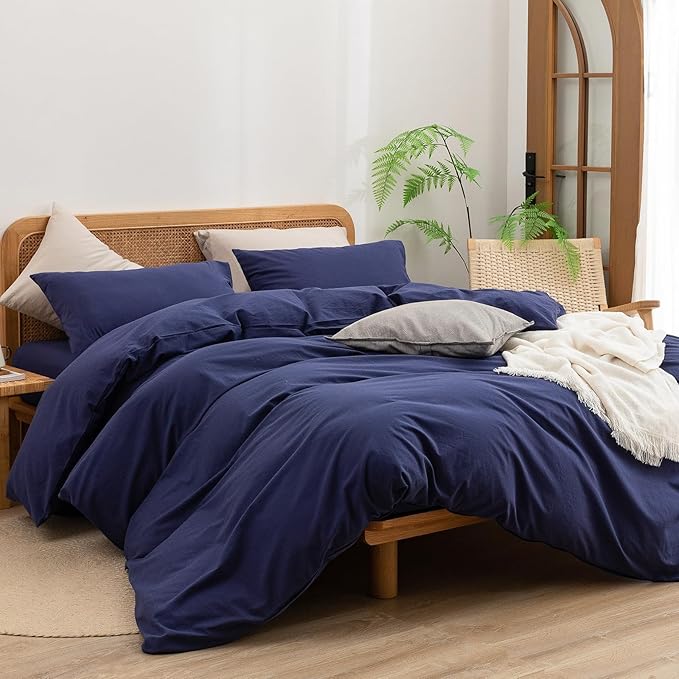 BESTOUCH Duvet Cover Set 100% Washed Cotton Linen Feel Super Soft Comfortable Chic Lightweight 3 PCs Home Bedding Set Solid Navy Blue Oversized Full