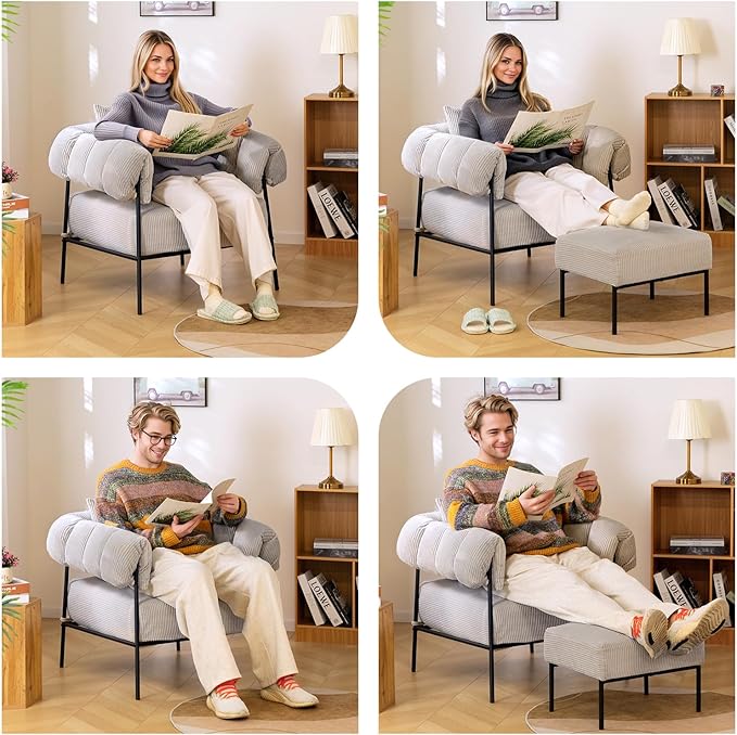 HollyHOME Modern Velvet Accent Chair with Ottoman, Upholstered Comfy Reading Chair and Footstool, Fabric Large Lazy Arm Chair and Stool, Lounge Sofa Chair for Living Room, Bedroom, Grey Chair&Stool