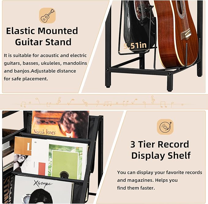 LELELINKY Record Player Stand, Adjustable Guitar Stand for Acoustic Guitar, Electric Guitar, Bass, Turntable Stand with Vinyl Display Shelf Storage Up to 150 Albums,Brown End Table for Music Room