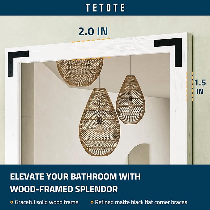 TETOTE 18 x 26 White Wood Mirror for Bathroom Wall/Bedroom/Living Room/Entryway Farmhouse Rustic Wall Mirror Waterproof (Horizontal/Vertical Mounted)