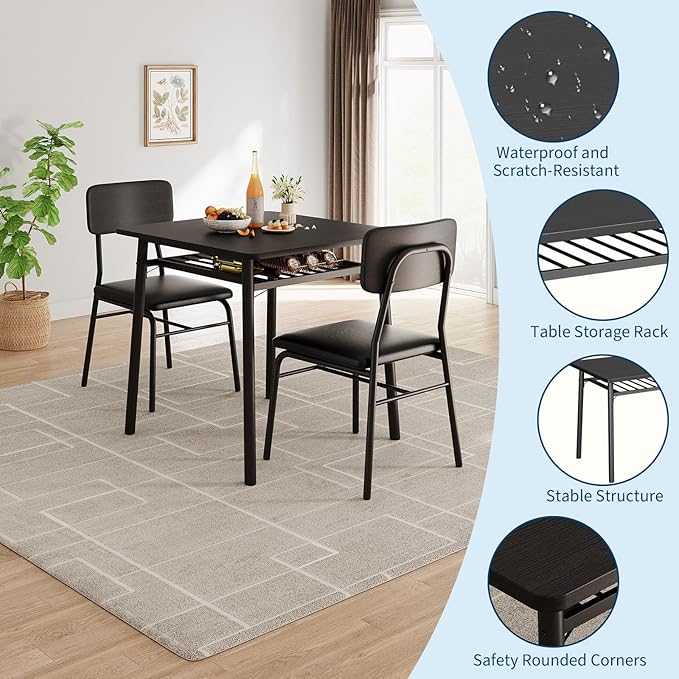 IDEALHOUSE 3-Piece Dining Table Set for 2 with Storage Rack, Wood Kitchen Table with Upholstered Chairs Set of 2, Small Square Table Set with Metal Legs Support, for Dining Room, Living Room