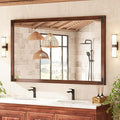 TETOTE 60 x 36 Rustic Bathroom Mirror Wood Frame, Waterproof Walnut Brown Farmhouse Wooden Framed Rectangle Bathroom Vanity Mirror for Modern Boho Decor, Horizontal/Vertical, Easy to Install