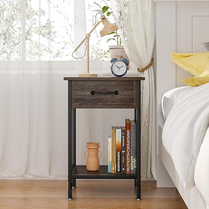 VECELO Nightstands Set of 2, Industrial Side Table/End Tables with Drawer and Storage Shelf, Night Stands for Bedroom, Living Room, Wood Metal Furniture, Easy Assembly