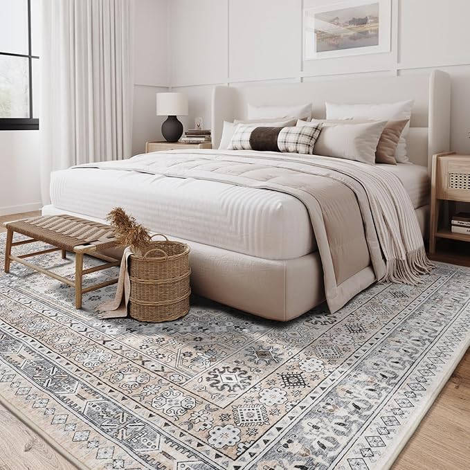zesthome 5x7 Area Rugs - Ultra-Thin Washble Rug, Stain Resistant Anti Slip Backing Rugs for Living Room,Bedroom, Vintage Home Decor Area Rug (Beige,5'x7')