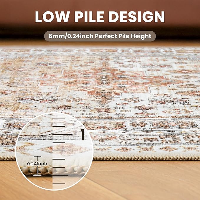 zesthome 5x7 Area Rugs - Ultra-Thin Washble Rug, Stain Resistant Anti Slip Backing Rugs for Living Room,Bedroom, Vintage Home Decor Area Rug (Orange,5'x7')