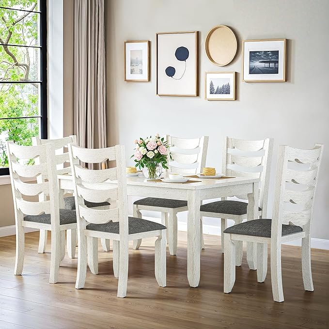 Solid Wood Dining Chair Set of 4, Kitchen Dining Room Chair with Upholstered Cushion & Wooden Legs, Modern Wood Side Chairs for for Kitchen, Washed Gray