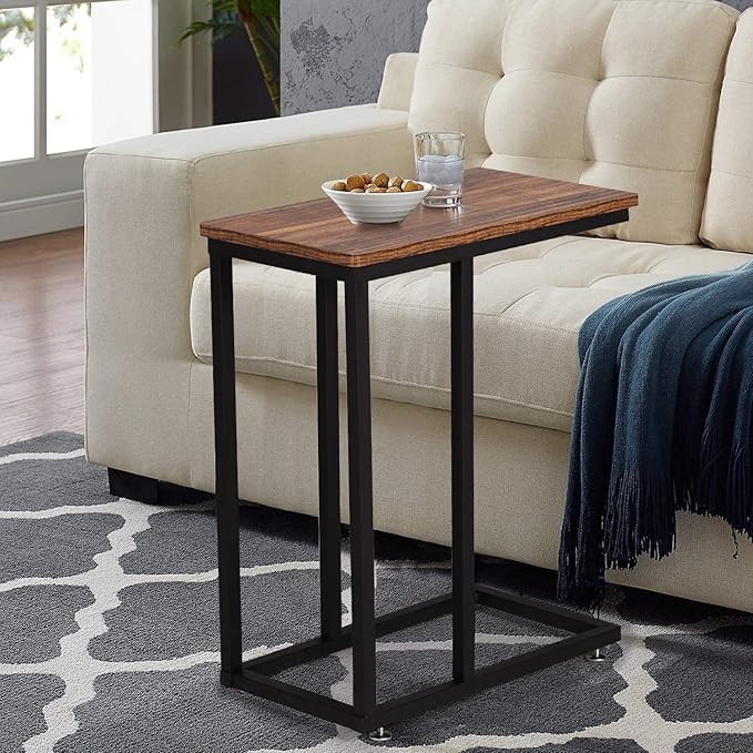 VECELO C Shaped End Side Table for Sofa Couch and Bed Snack TV Tray for Living Room Bedroom, 2 Set, Brown