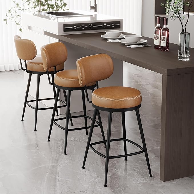 Counter Height Bar Stools, 26" H Swivel Barstools Set of 6, Faux Leather Kitchen Counter Stools with Back and Stylish Stitching, Metal Frame, Pub, Home Bar, Whisky Brown