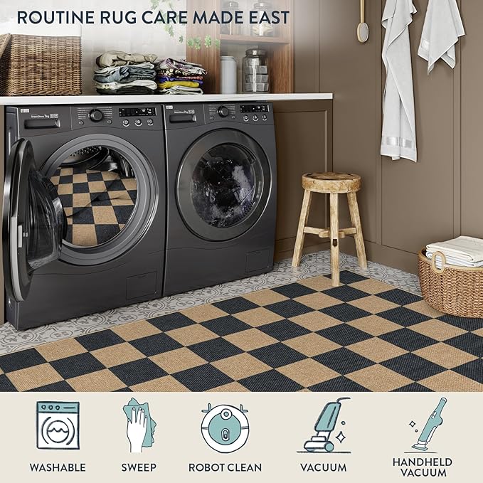 Lahome Checkered Easy Jute 8x10 Rug, Washable Rugs for Living Room Office, Farmhouse Neutral Non Slip Non Shedding Stain Resistance Indoor Outdoor Carpet for Balcony Patio Classroom