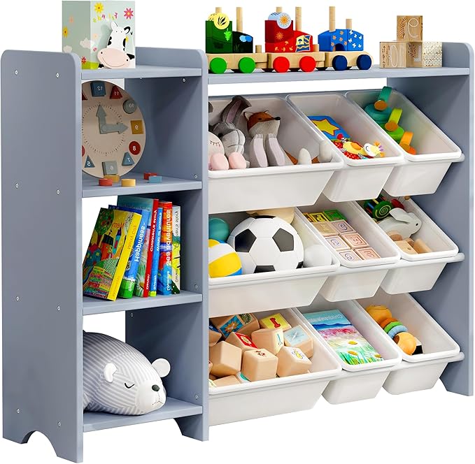 MallBest 4-Tier Kids' Toy Storage Organizer Shelf - 100% Solid Wood,Children's Storage Cabinet with 9 Plastic Bins and 3 Storage Ports(Grey-Single Color)
