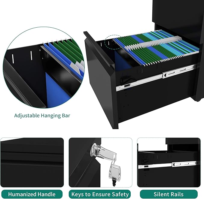 YITAHOME 3-Drawer Mobile File Cabinet with Lock, Office Storage Filing Cabinet for Legal/Letter Size, Pre-Assembled Metal File Cabinets Except Wheels Under Desk -Black