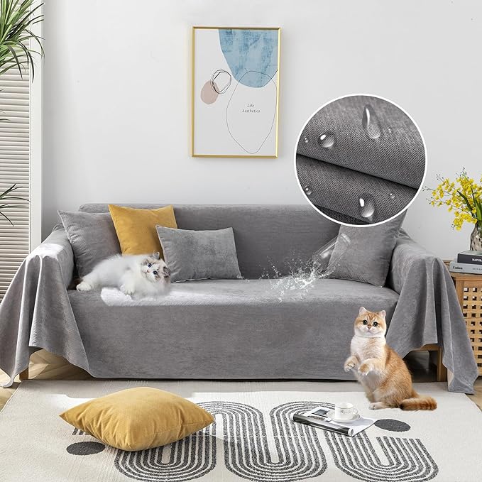 STACYPIK Thick Waterproof Grey Sofa Cover Couch Cover, Anti Slip Loveseat Covers for 2 Cushion Couch, Anti-Cat Scratch Couch Protector Sofa Slipcover, Multi-Use Leakproof Furniture Protector-71X71IIN