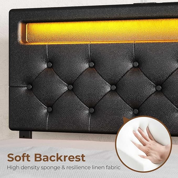 Rolanstar Full Size Bed Frame with 4 Storage Drawers and Charging Station, Full Bed with Led Lights, 2 USB & 1 Type C, Adjustable Headboard 38.9/40.8 Inches, No Box Spring Needed, Black