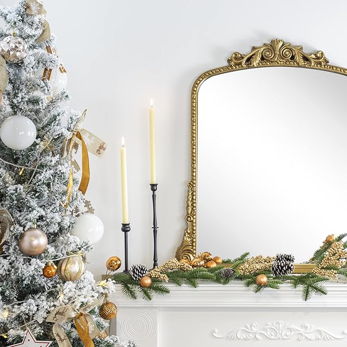 Antiqued Gold Ornate Mirror Arched Mantel Wall Mirror Baroque Inspired Bathroom Vanity Rectangle Wall Mounted Mirror, 30 x 34''