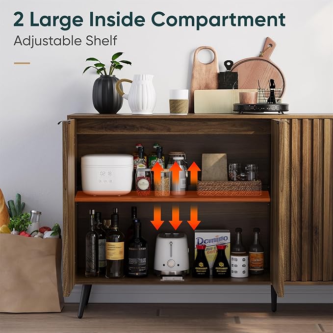Semiocthome Walnut Buffet Cabinet with Storage, Large Sideboard Cabinet with 4 Fluted Doors and Metal Legs, Storage Cabinet with Adjustable Shelf, Accent Table for Living Room, Dining Room, Kitchen