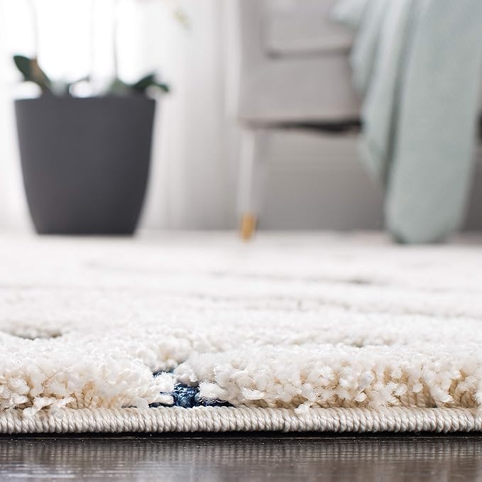 SAFAVIEH Florida Shag Collection Area Rug - 4' Square, Cream & Blue, Scroll Design, Non-Shedding & Easy Care, 1.2-inch Thick Ideal for High Traffic Areas in Living Room, Bedroom (SG455-1165)