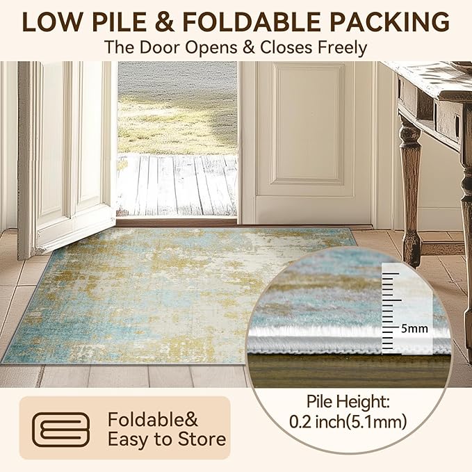 Washable Area Rugs 6'x9' Non-Slip Modern Abstract Soft for Living Room Entryway Bedroom Nursery, Print Pattern, Teal Blue Taupe