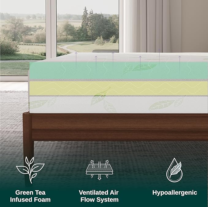 NapQueen King Size, 12 Inch Anula Green Tea Infused Memory Foam Mattress, Bed in a Box, CertiPUR-US Certified Mattress