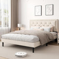 Queen Size Platform Bed Frame with Upholstered Velvet Button Tufted Headboard, Mattress Foundation with Wooden Slat Support, No Box Spring Needed, Easy Assembly, Noise Free, Beige