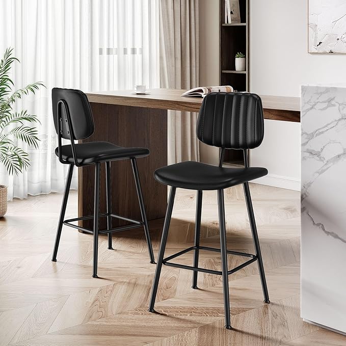 24-Inch Leather Bar Stools Set of 3, Counter Height Barstools with High Backrest，Bar Chairs for Kitchen Island with Heavy Duty Metal Legs, Black