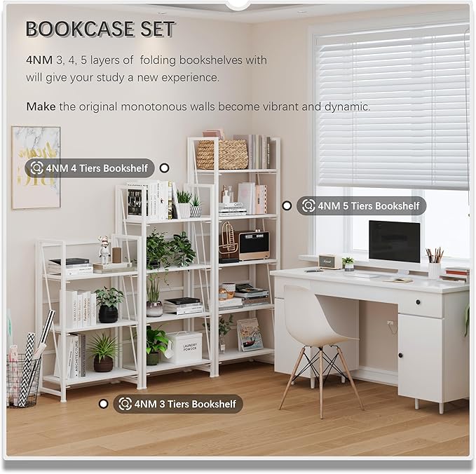 4NM No-Assembly Folding Bookshelf Storage Shelves 4 Tiers Vintage Bookcase Standing Racks Study Organizer Home Office (All White)