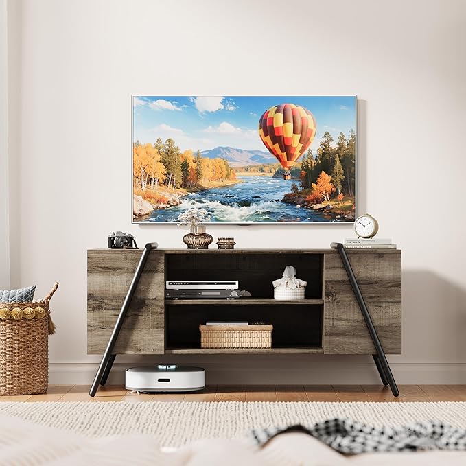 Garvee 47 Inch TV Stand with Slanted Metal Legs, Industrial Media Console with Adjustable Open Shelves, Wooden Entertainment Center Television Stand for Living Room, Bedroom, Oak