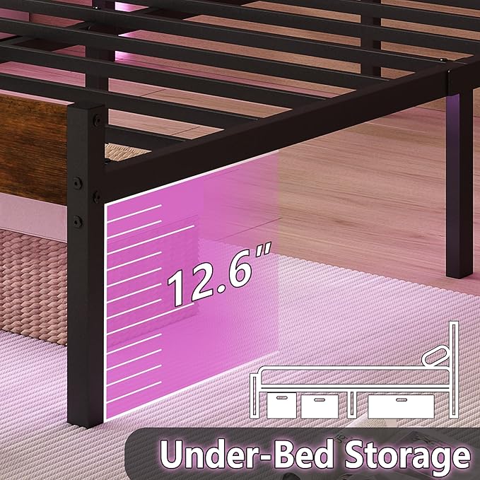 Full Size Bed Frame with Headboard,Heavy Duty LED Bed Frame with USB Charging Station,Mattress Foundation-Under Bed Storage, No Box Spring Needed, Noise Free，Black
