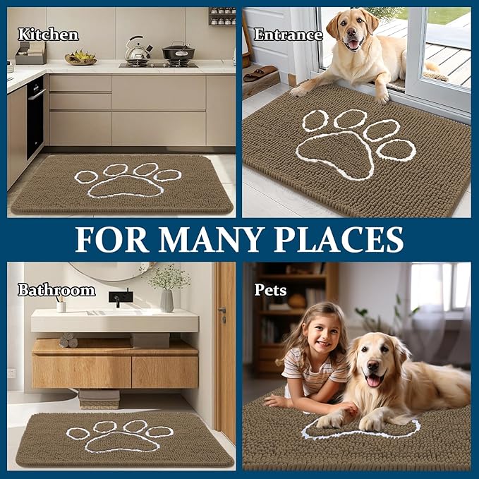 OLANLY Door Mat for Muddy Dog Paws 47x24, Ultra Absorbent Chenille Mud Doormat with Paw Print Design, Non-Slip Washable Doormat for Indoor Entryway, Quick-Dry Pet Bed Mats for Dirty Dogs, Tan