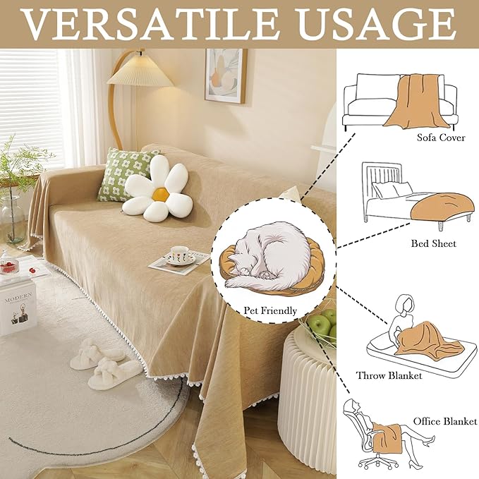 HANDONTIME Khaki Couch Covers for Sectional Sofa L Shape Cute Loveseat Covers Dog Cover Covers, Sofa Covers for 3 Cushion Couch Chenille Sofa Slipcover Soft Sofa Cover for Sectional Sofa, 71" X118"